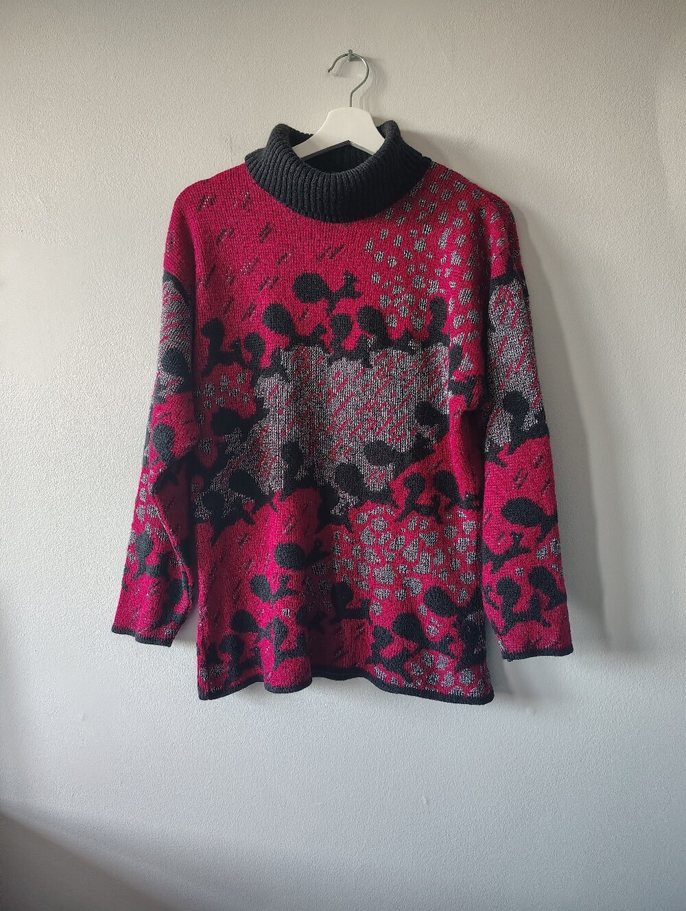 Vintage Red, Grey, Black Squirrel Turtleneck Sweater